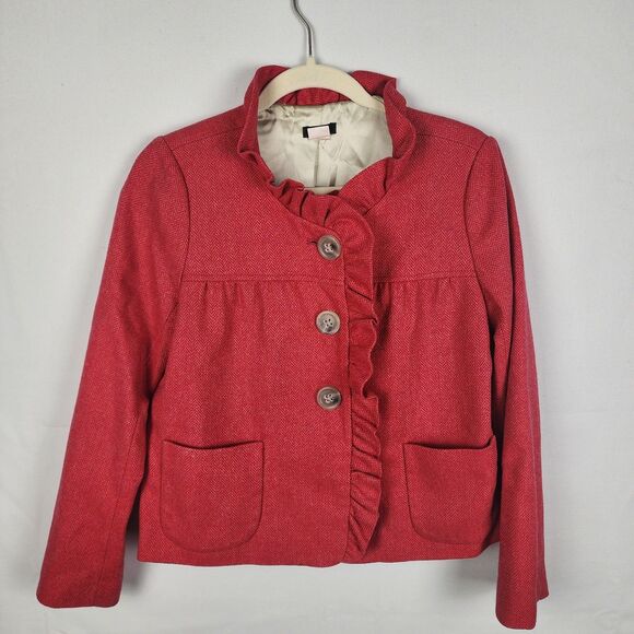 J. Crew Womens Coat Red Wool Herringbone Fiona Jacket Size 4 Coquette Academia - Picture 2 of 6